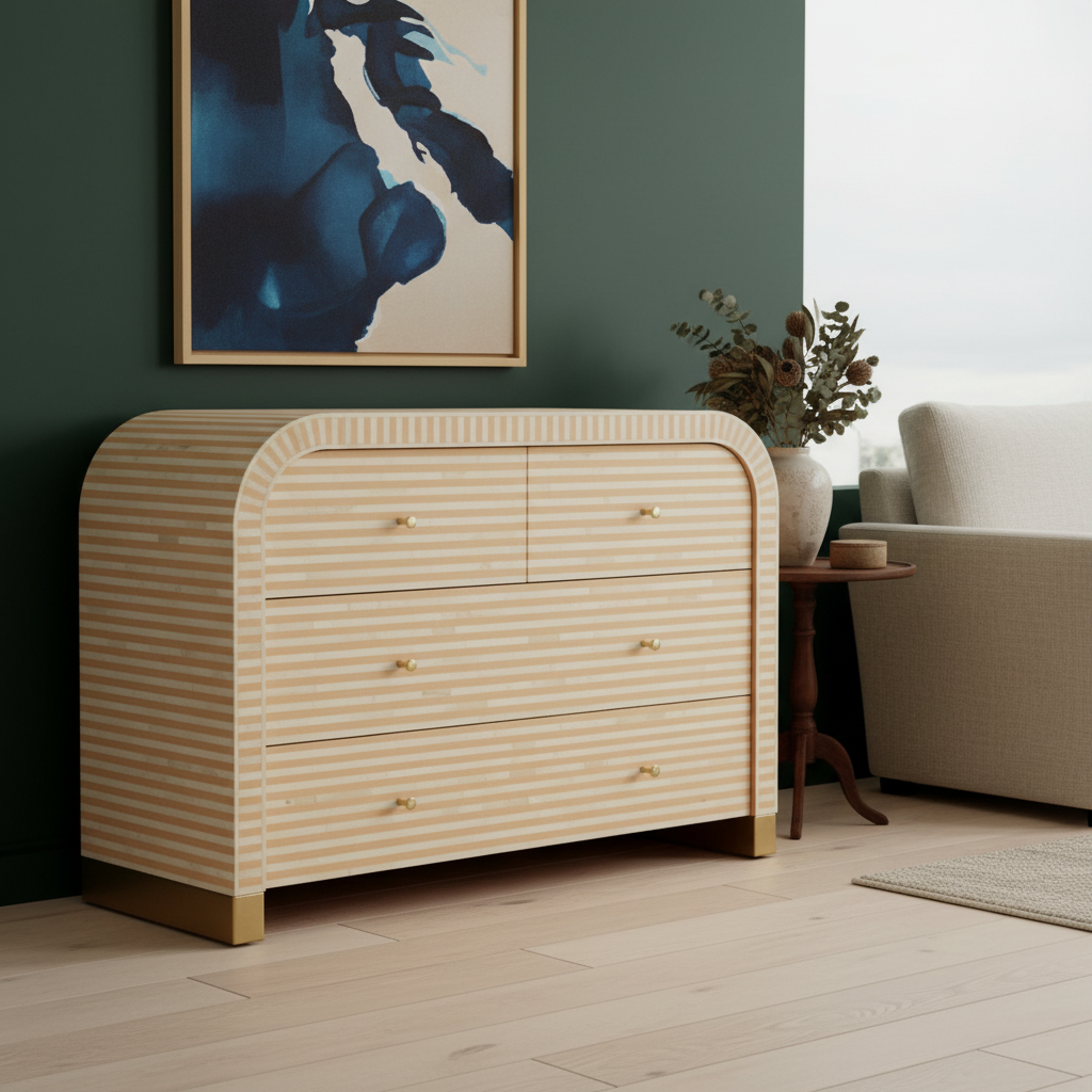 Bone Inlay 4 Drawer Chest : Stripe : Apricot