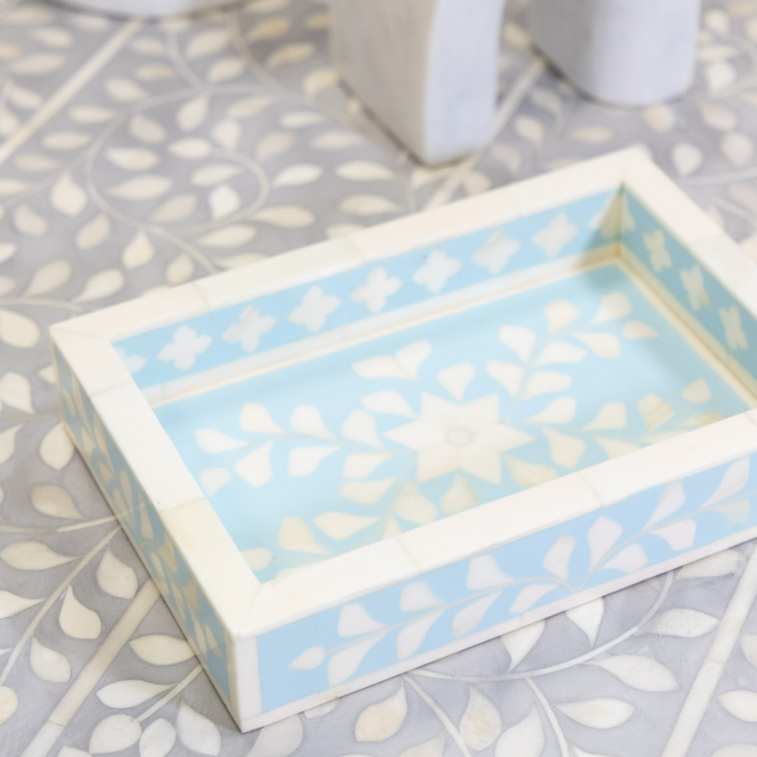 Bone Inlay Mini Tray : Floral : Soft Blue