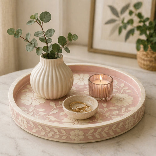 Bone Inlay Round Tray : Dahlia : Soft Pink
