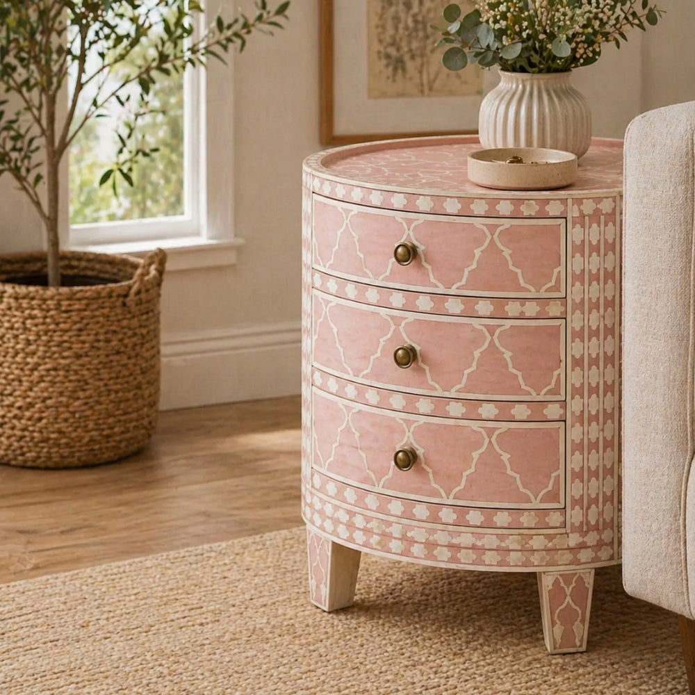 Bone Inlay Round Side Table : Lahore : Blush