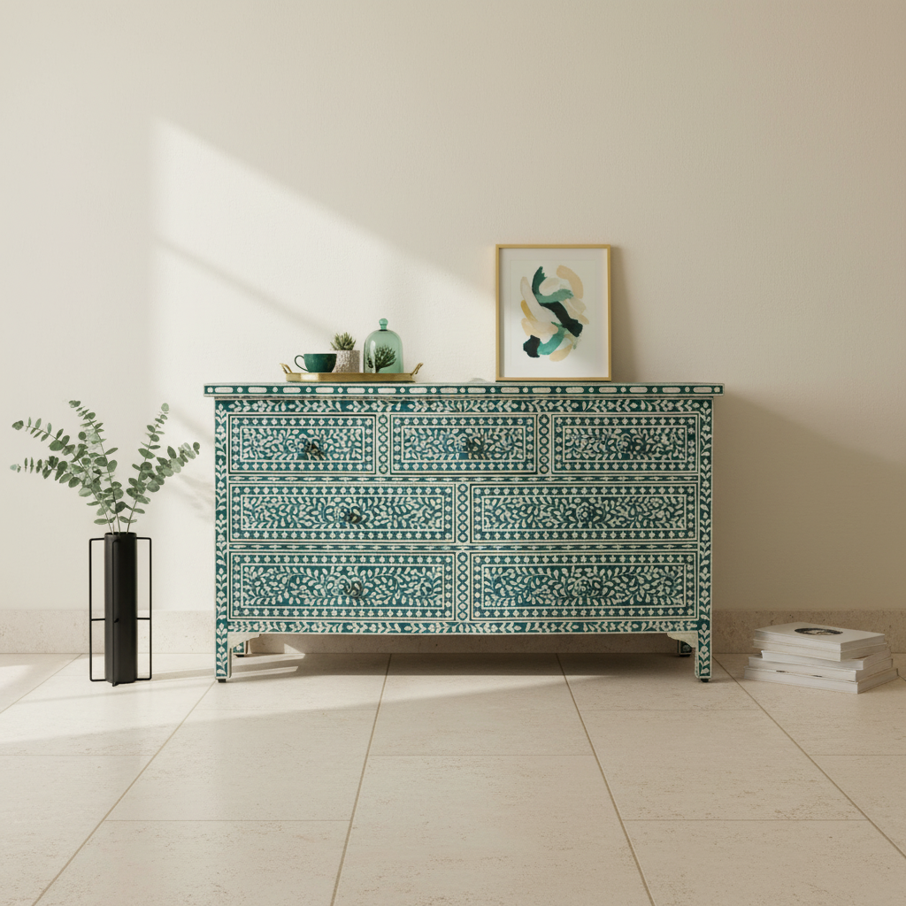 Bone Inlay 7 Drawer Chest : Floral : Emerald Green