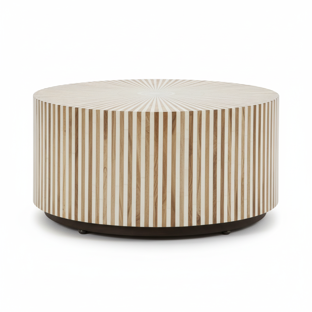 Bone & Timber Inlay Round Coffee Table (with castors)