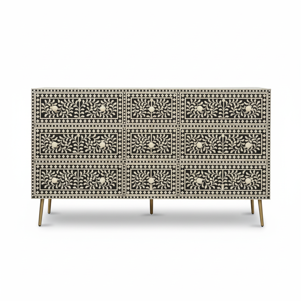 Bone Inlay 9 Drawer Sideboard : Liana : Black