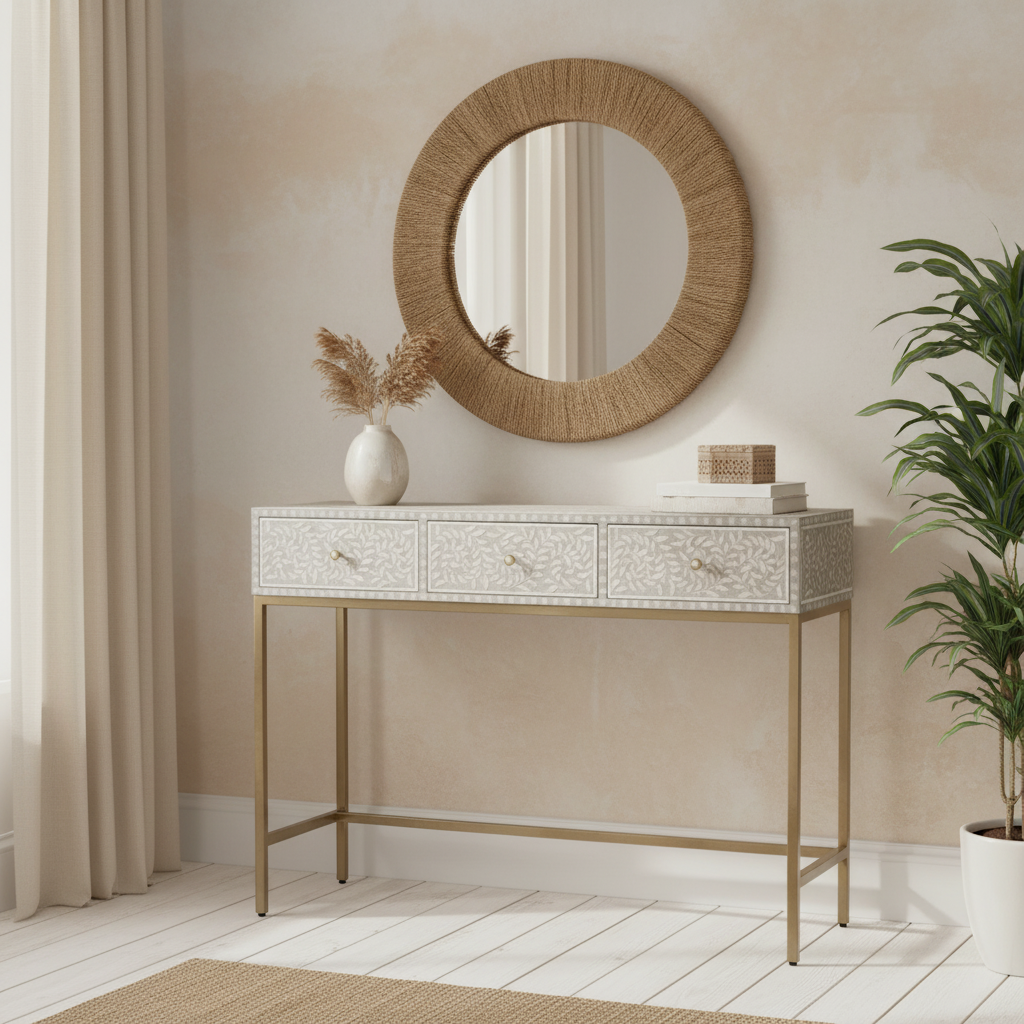 Bone Inlay Console with Brass Look Legs : Liana : Grey