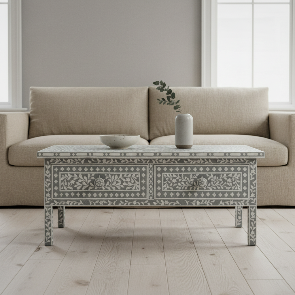 Bone Inlay Rectangular Coffee Table : Floral : Grey