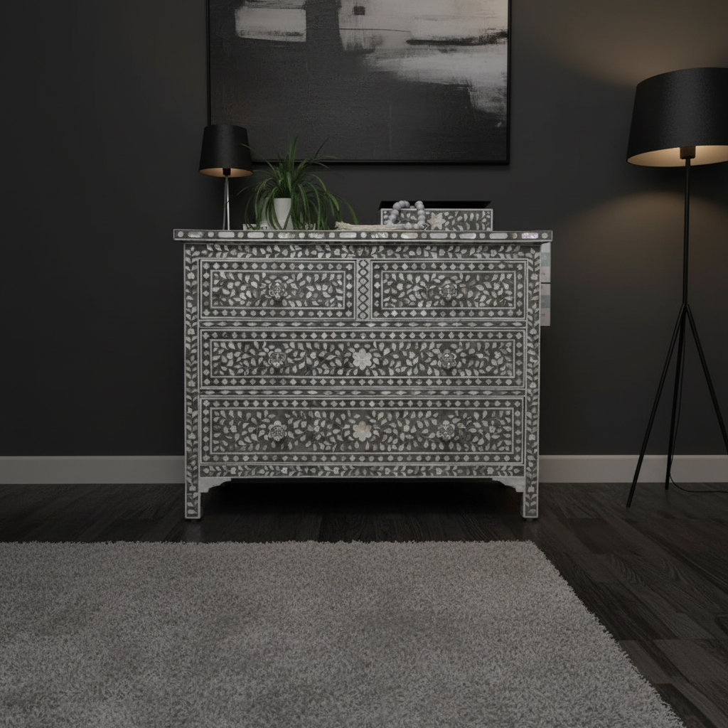 Mother of Pearl Inlay 4 Drawer Chest : Floral : Grey