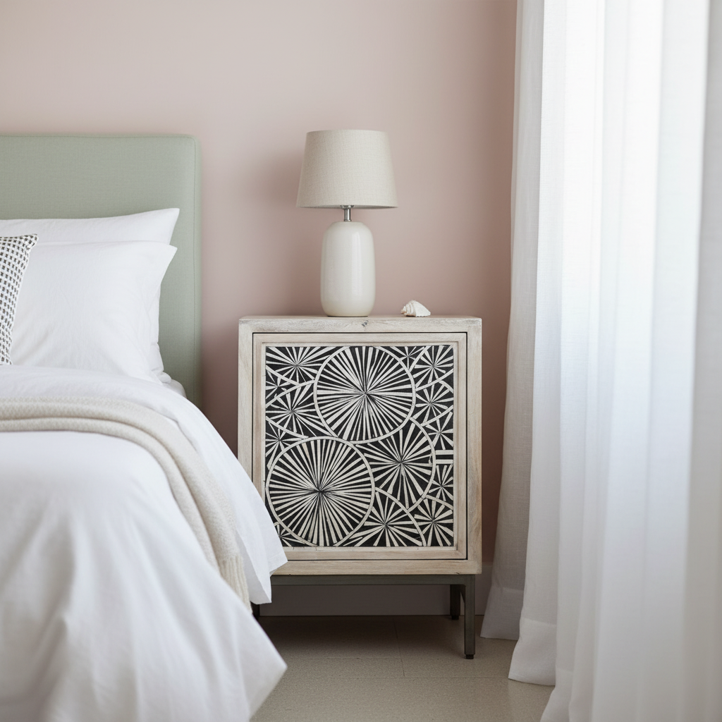 Bedside Cabinet with Bone Inlay Insert : Pond Lily : Whitewash