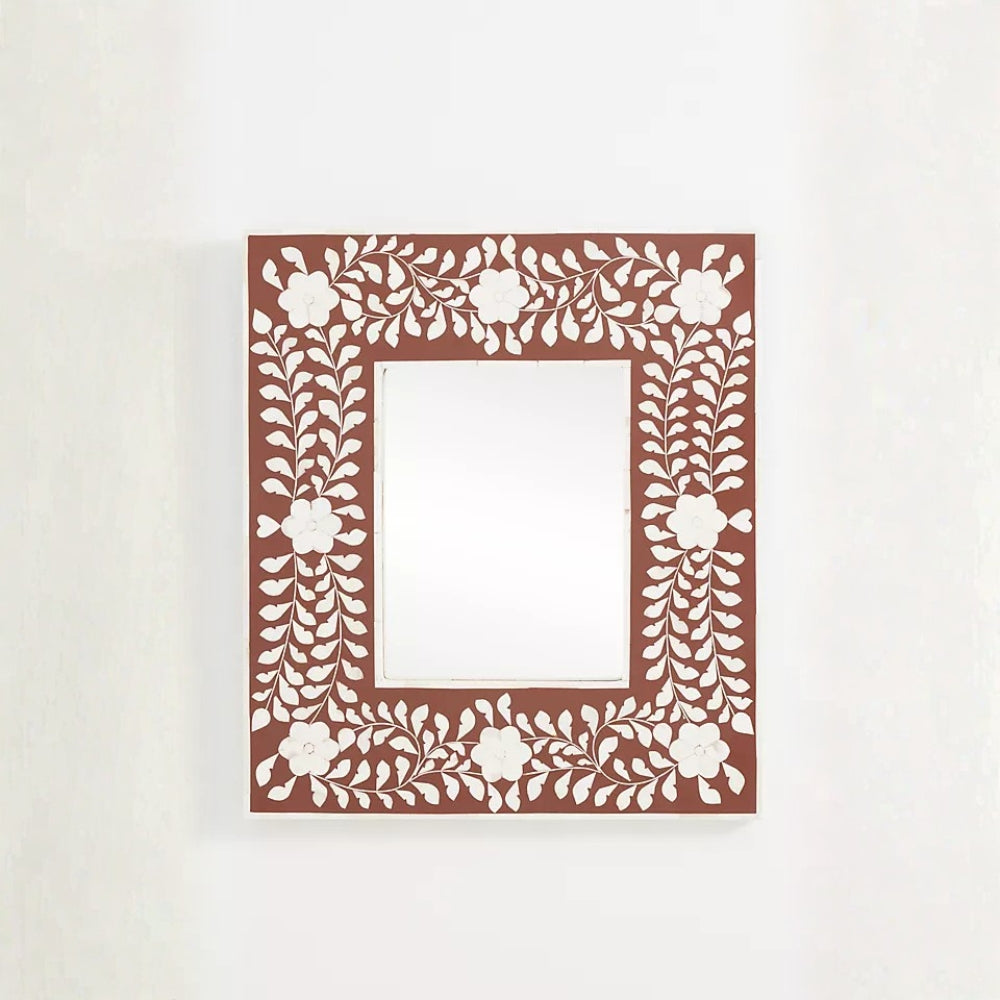 Bone Inlay Square Wall Mirror : Floral : Brown