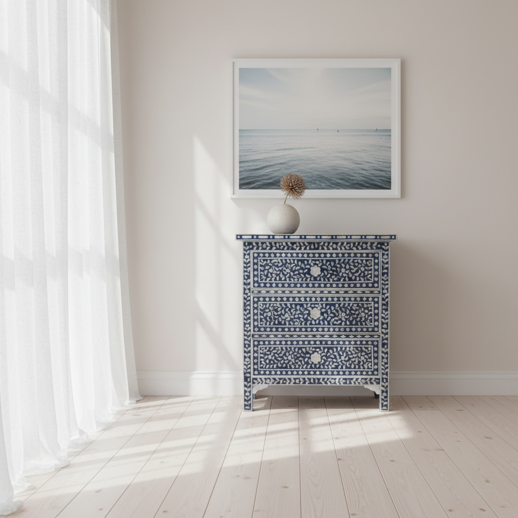 Mother of Pearl Inlay 3 Drawer Chest : Floral : Navy