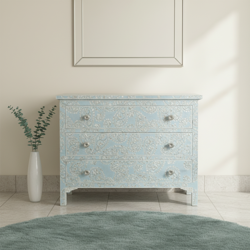 Mother of Pearl Inlay 4 Drawer Chest : Boteh : Blue