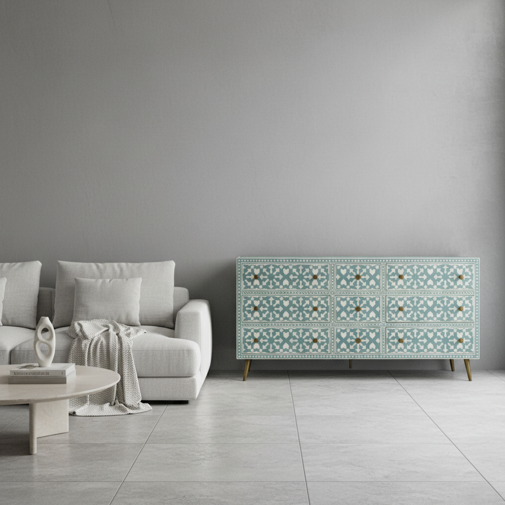 Bone Inlay 9 Drawer Sideboard : Zelliges : Aqua