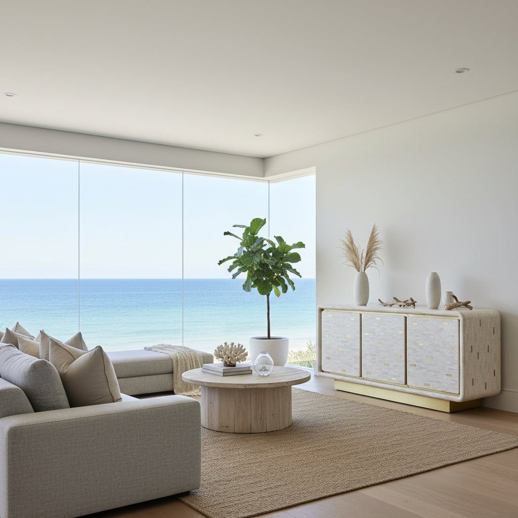 Bone Inlay 3 Door Buffet : Brickwork with Brass Accent : White