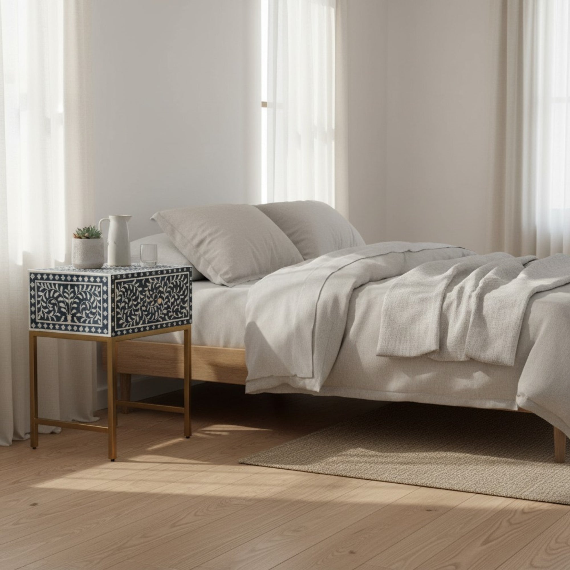 Bone Inlay 1 Drawer Bedside (with Metal Legs) : Liana : Navy Blue