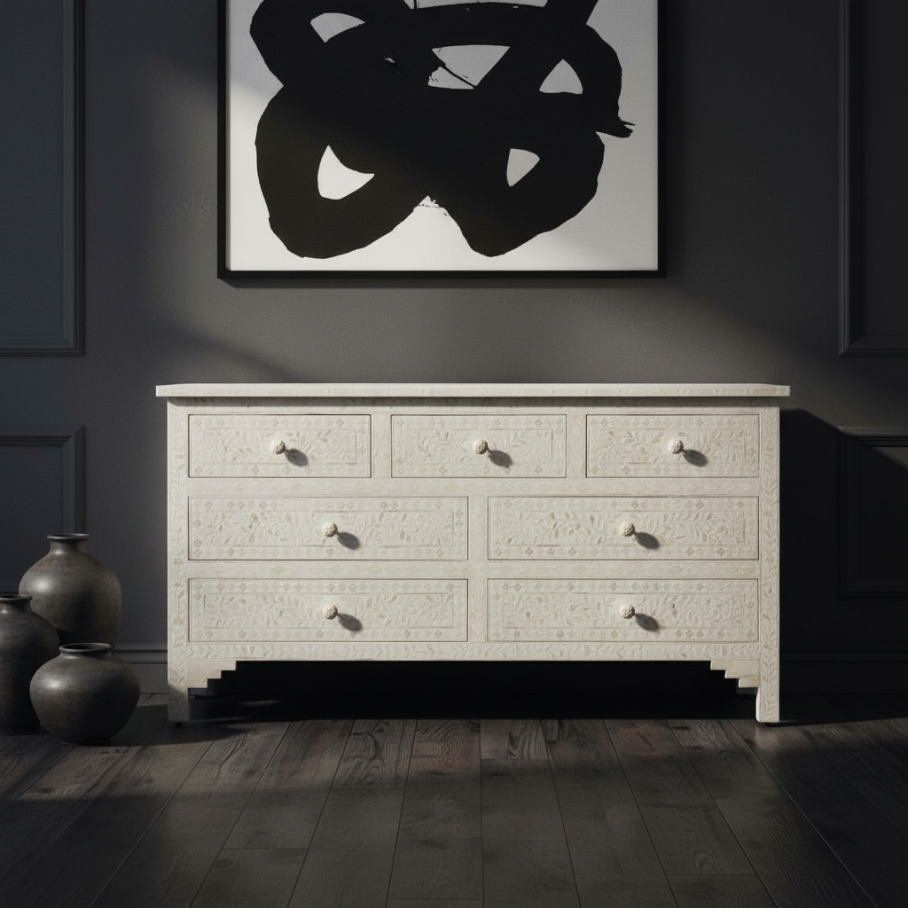 Bone Inlay 7 Drawer Chest : Floral : White