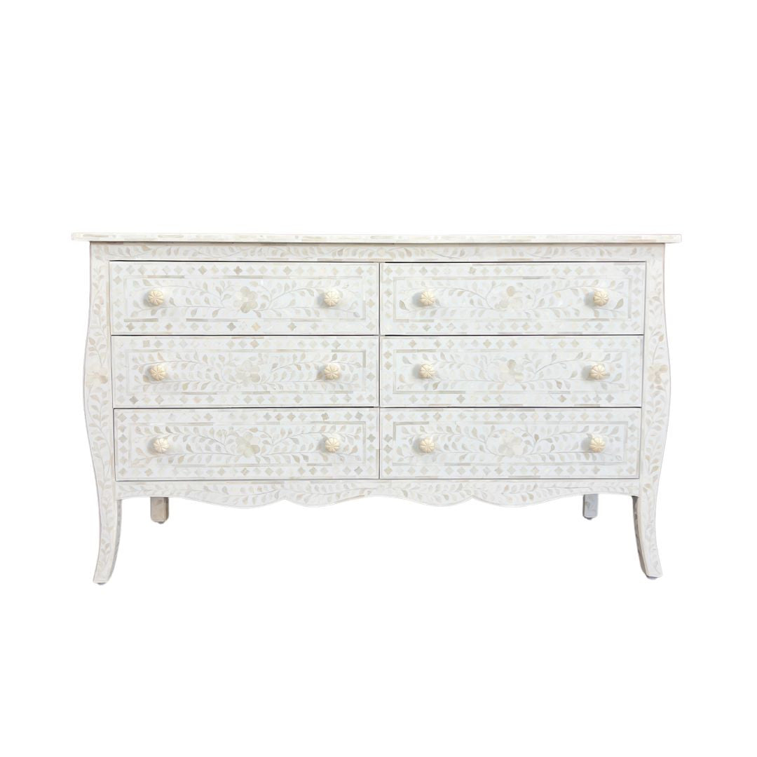 Bone Inlay French 6 Drawer Chest : Floral : White