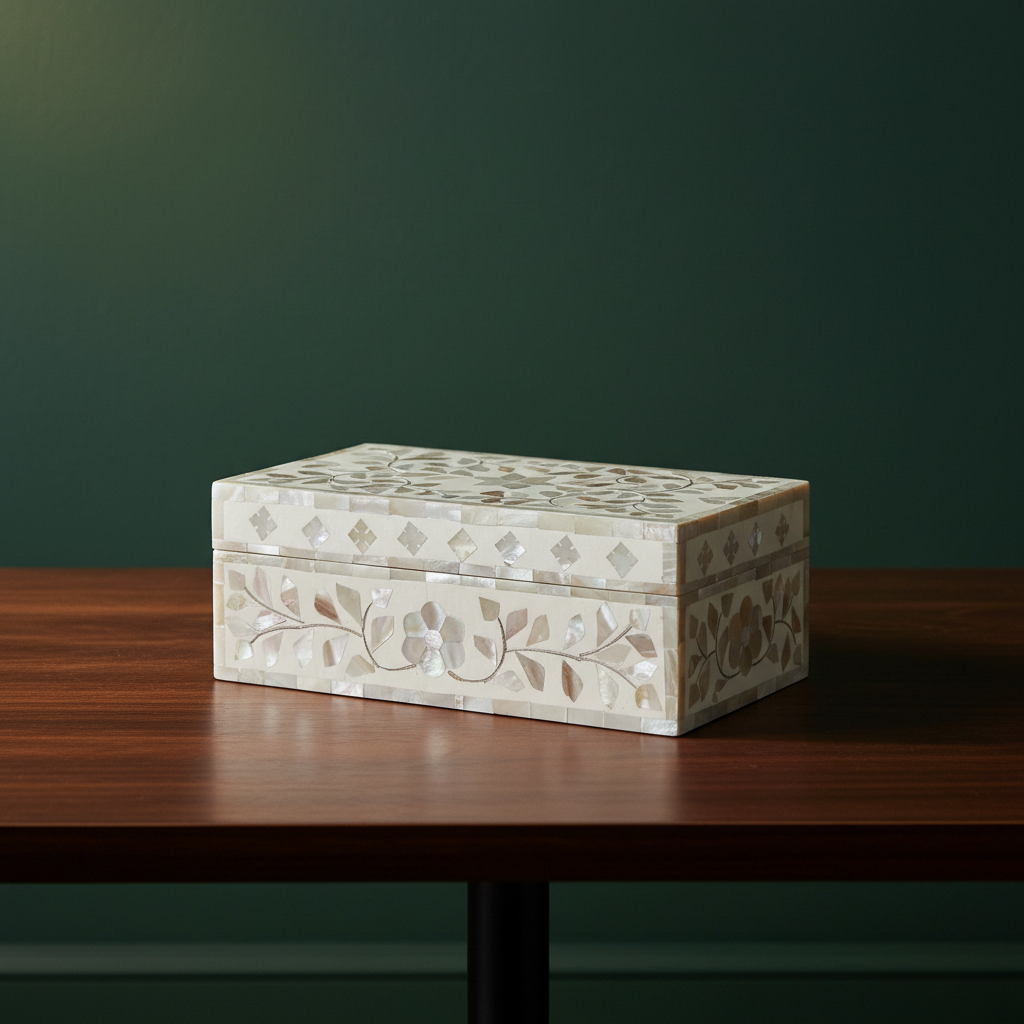 Mother of Pearl Inlay Mid-Size Box : Floral : White