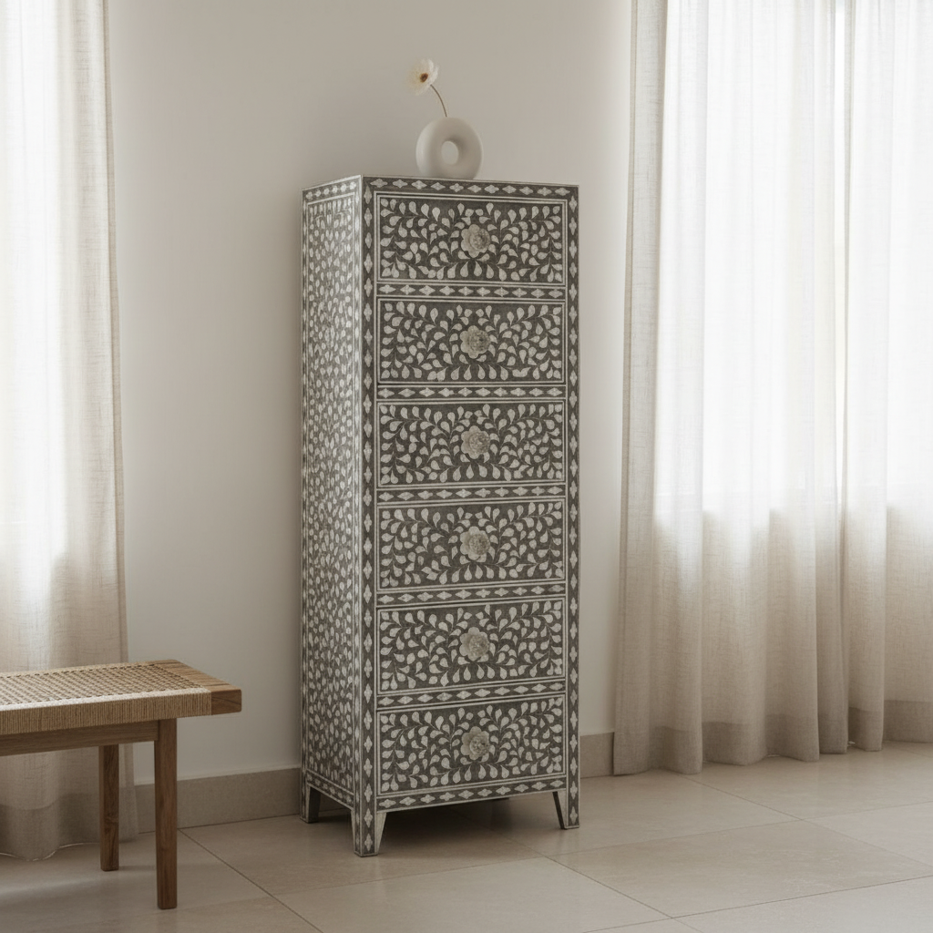 Mother of Pearl Inlay Tallboy : Floral : Grey