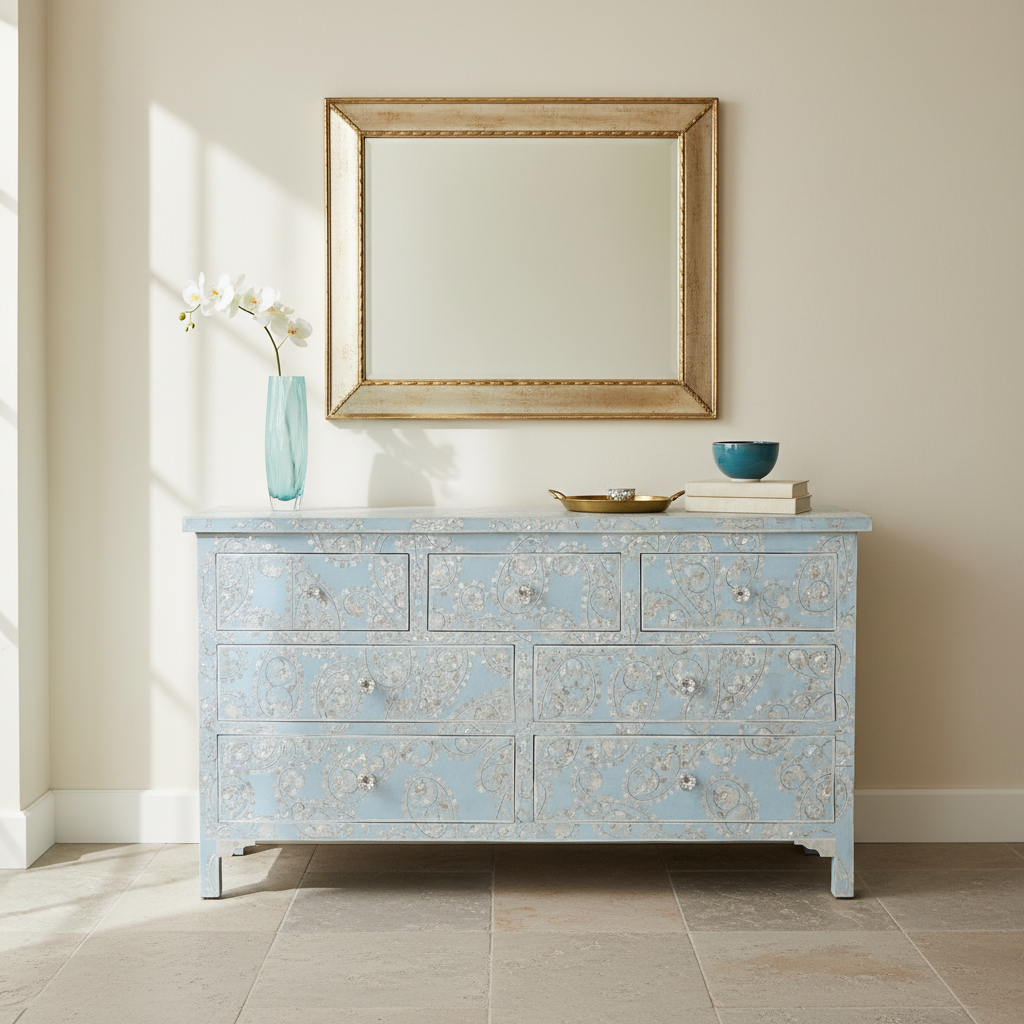 Mother of Pearl Inlay 7 Drawer Chest : Boteh : Blue