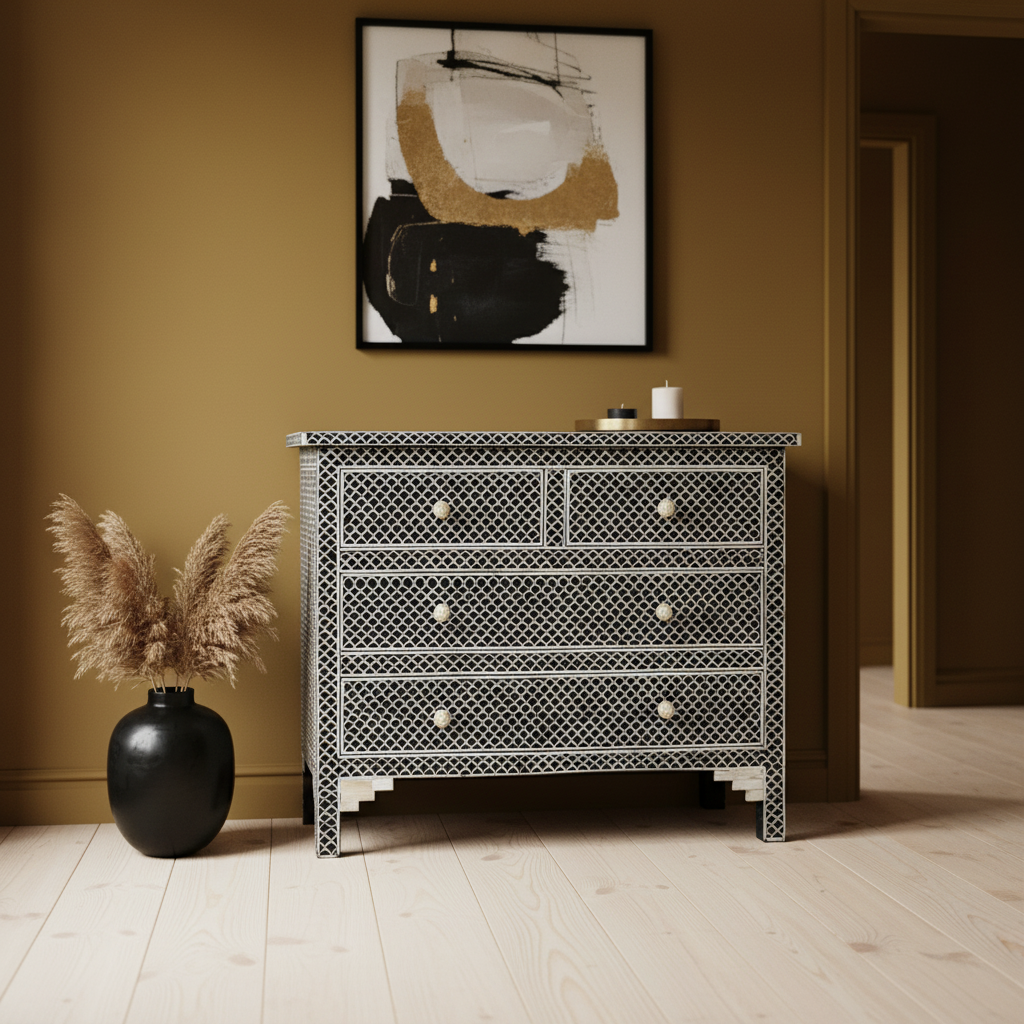 Bone Inlay 4 Drawer Chest : Scallop : Black