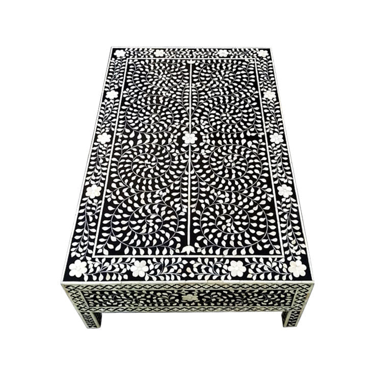 Bone Inlay Rectangular Coffee Table : Floral : Black