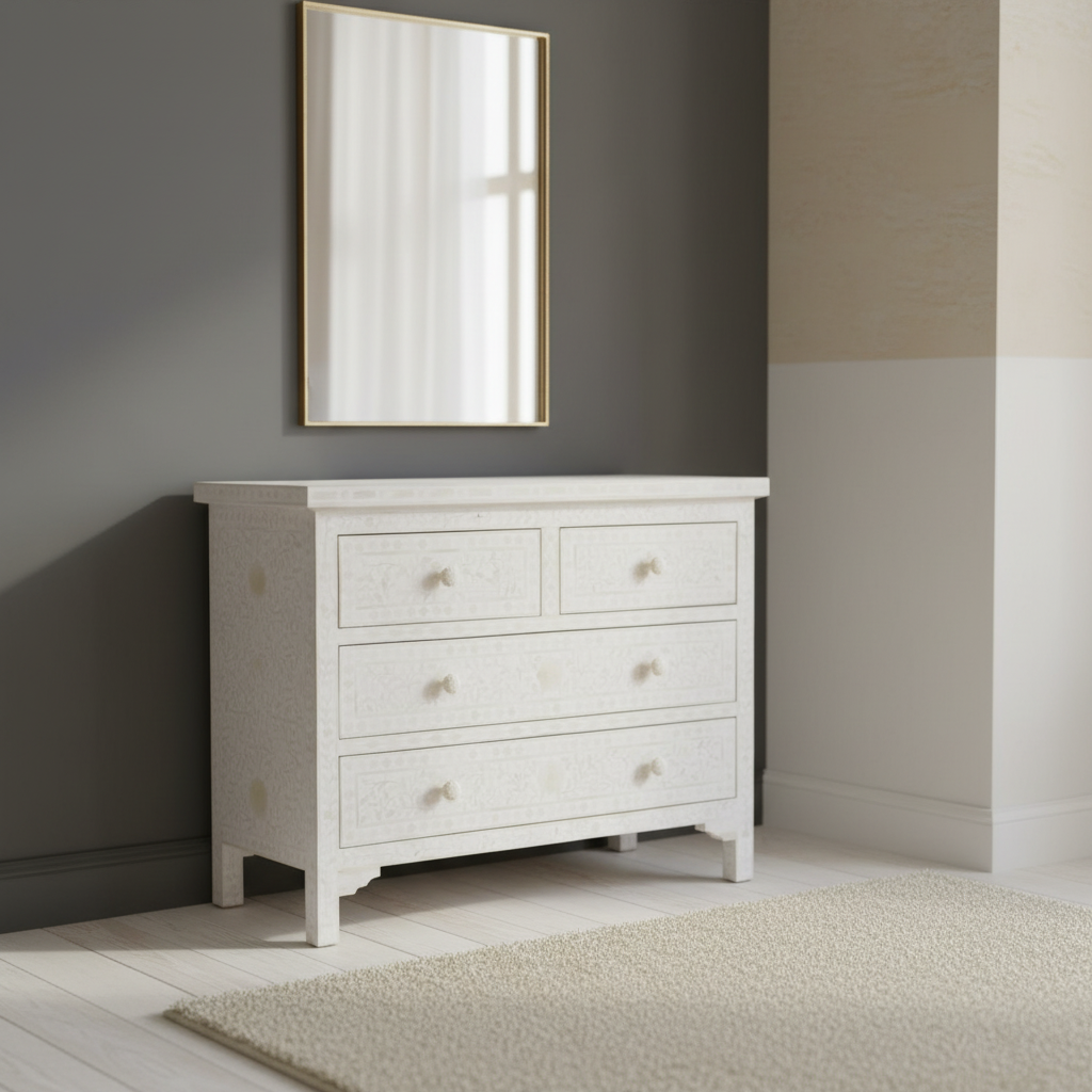 Bone Inlay 4 Drawer Chest : Floral : White