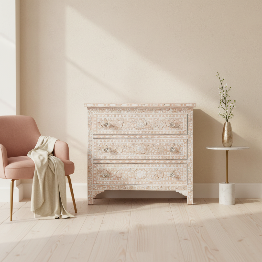 Mother of Pearl Floral Chest 3 Drawers : Light Pink