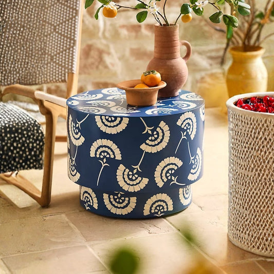 Bone Inlay Round Side Table : Fantail : Navy Blue