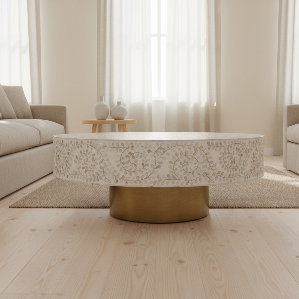 Mother of Pearl Inlay Coffee Table : Floral : White