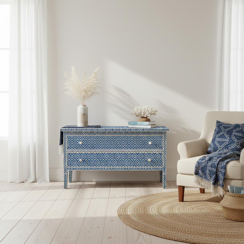 Bone Inlay 2 Drawer : Kilim : Blue