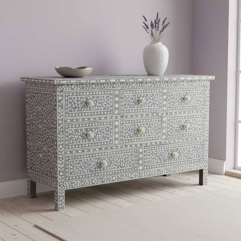 Bone Inlay 8 Drawer Chest : Floral : Grey