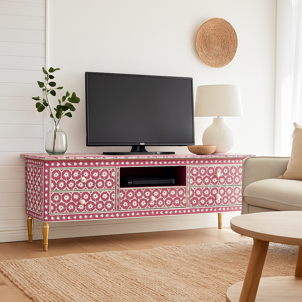 Living room with a pink patterned TV stand, television, lamp, and sofa.