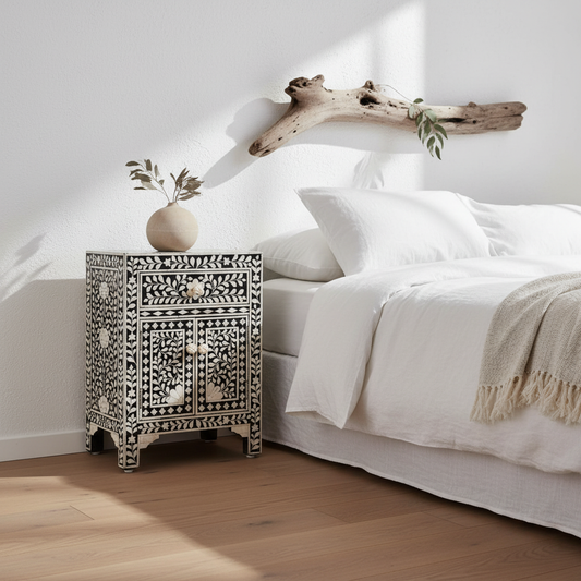 Bone Inlay Bedside Cabinet : Floral : Black
