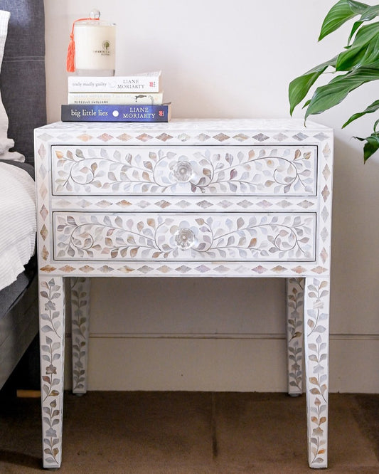 Mother of Pearl Inlay 2 Drawer Bedside Table : Floral : White