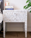 Mother of Pearl Inlay 2 Drawer Bedside Table : Floral : White