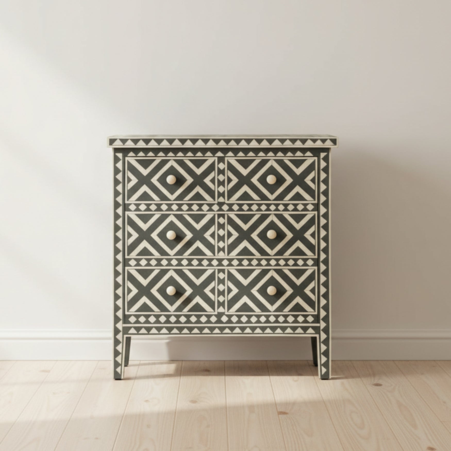 Bone Inlay 3 Drawer Chest : Geometric : Charcoal