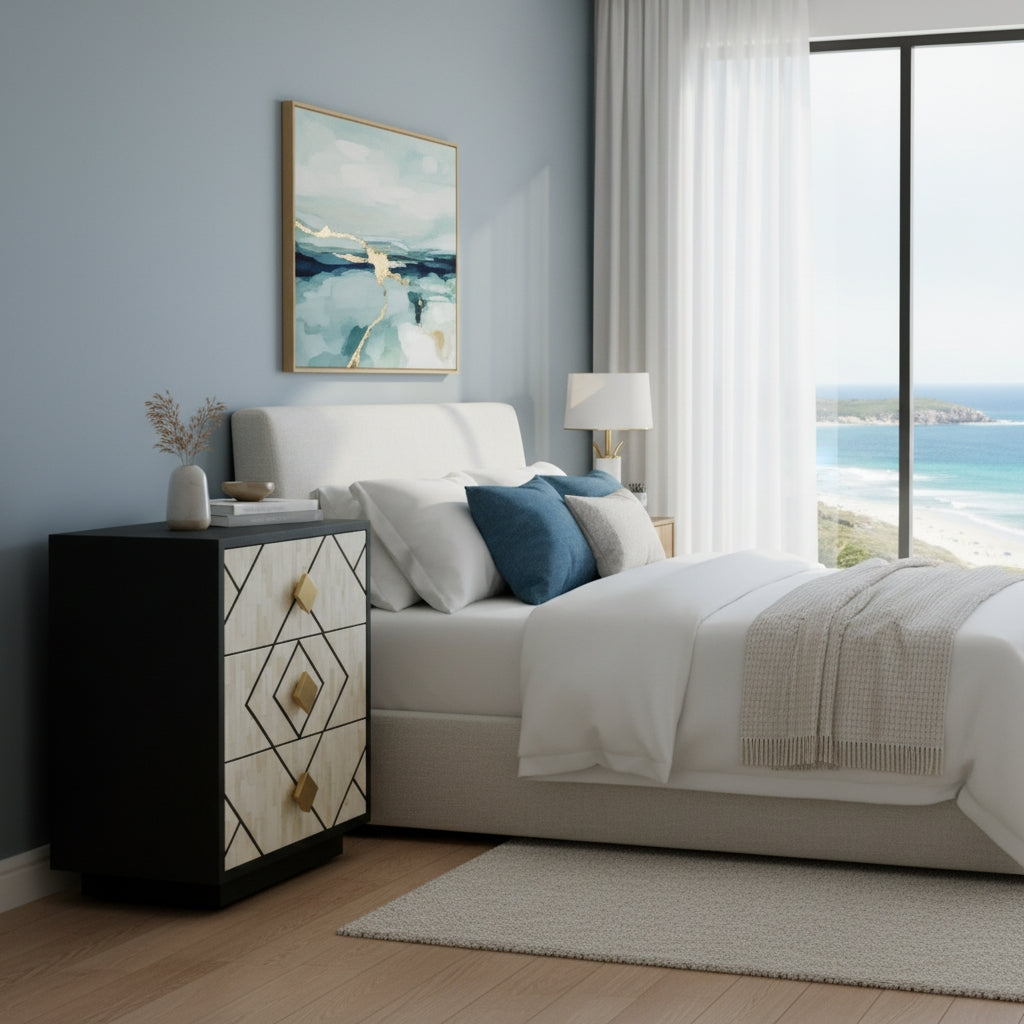 Bone Inlay 3 Drawer Bedside/Side Table : Brickwork : Black & White