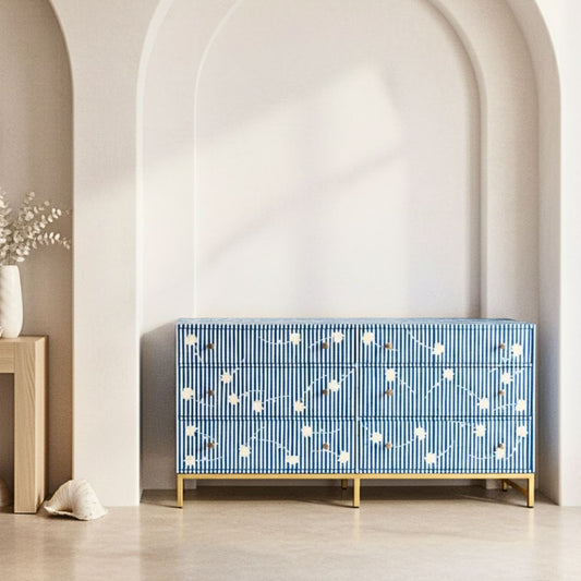 Bone Inlay 6 Drawer Sideboard : Striped Floral : Blue