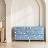 Bone Inlay 6 Drawer Sideboard : Striped Floral : Blue