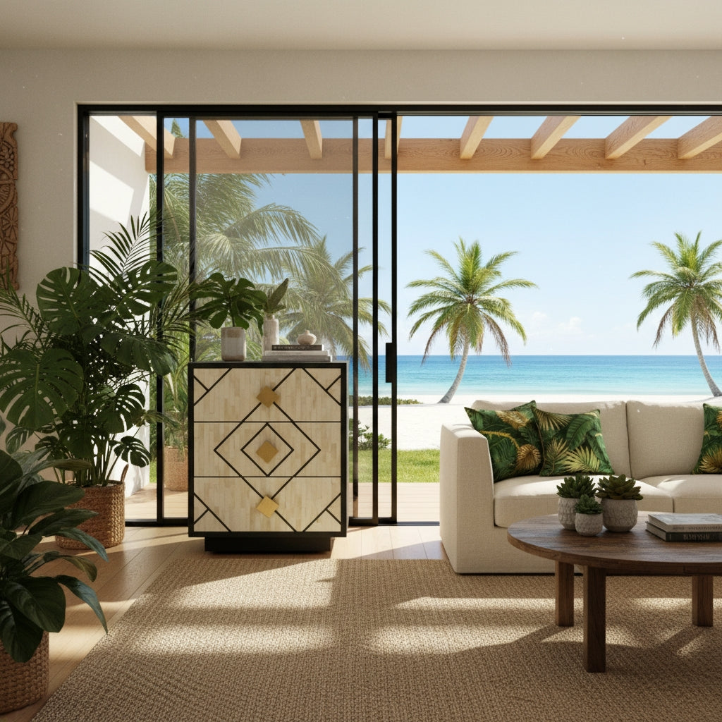 Bone Inlay 3 Drawer Bedside/Side Table : Brickwork : Black & White