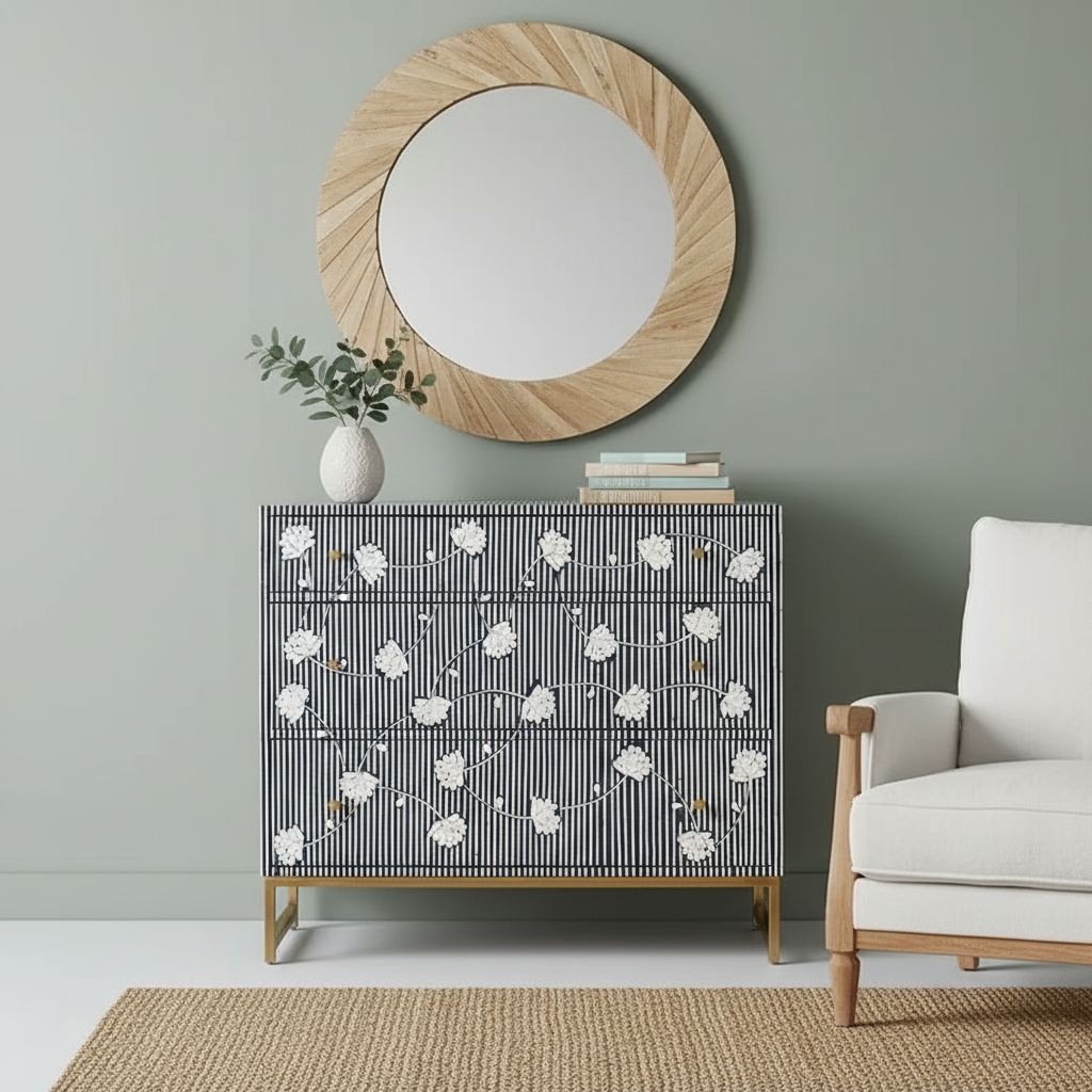 Bone Inlay 3 Drawer Chest : Striped Floral : Blue