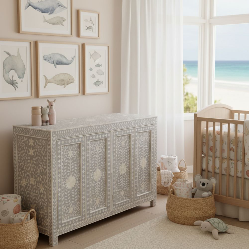 Bone Inlay 4 Door Buffet : Floral : Grey