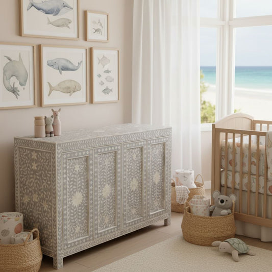 Bone Inlay 4 Door Buffet : Floral : Grey