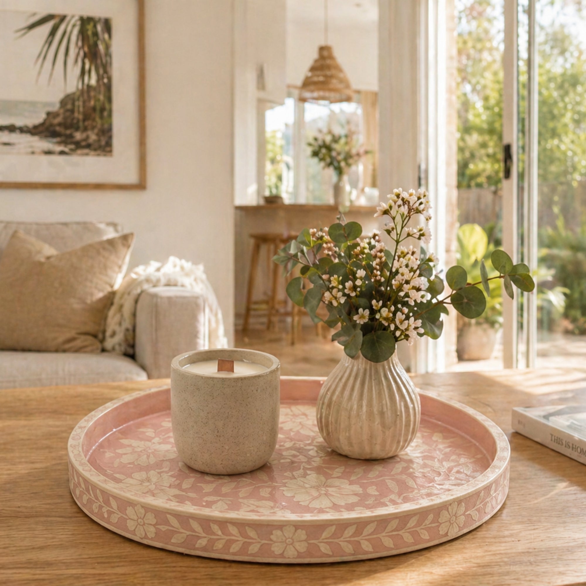 Bone Inlay Round Tray : Dahlia : Soft Pink