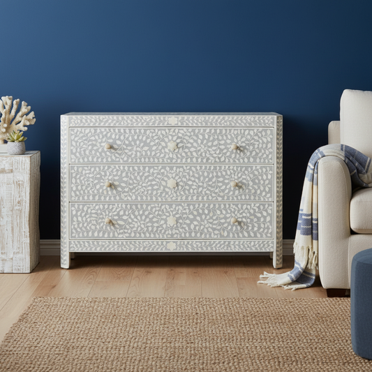 Bone Inlay 3 Drawer Chest : Floral : Grey