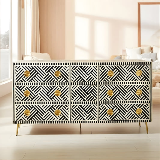 Bone Inlay 9 Drawer Sideboard : Criss Cross : Black