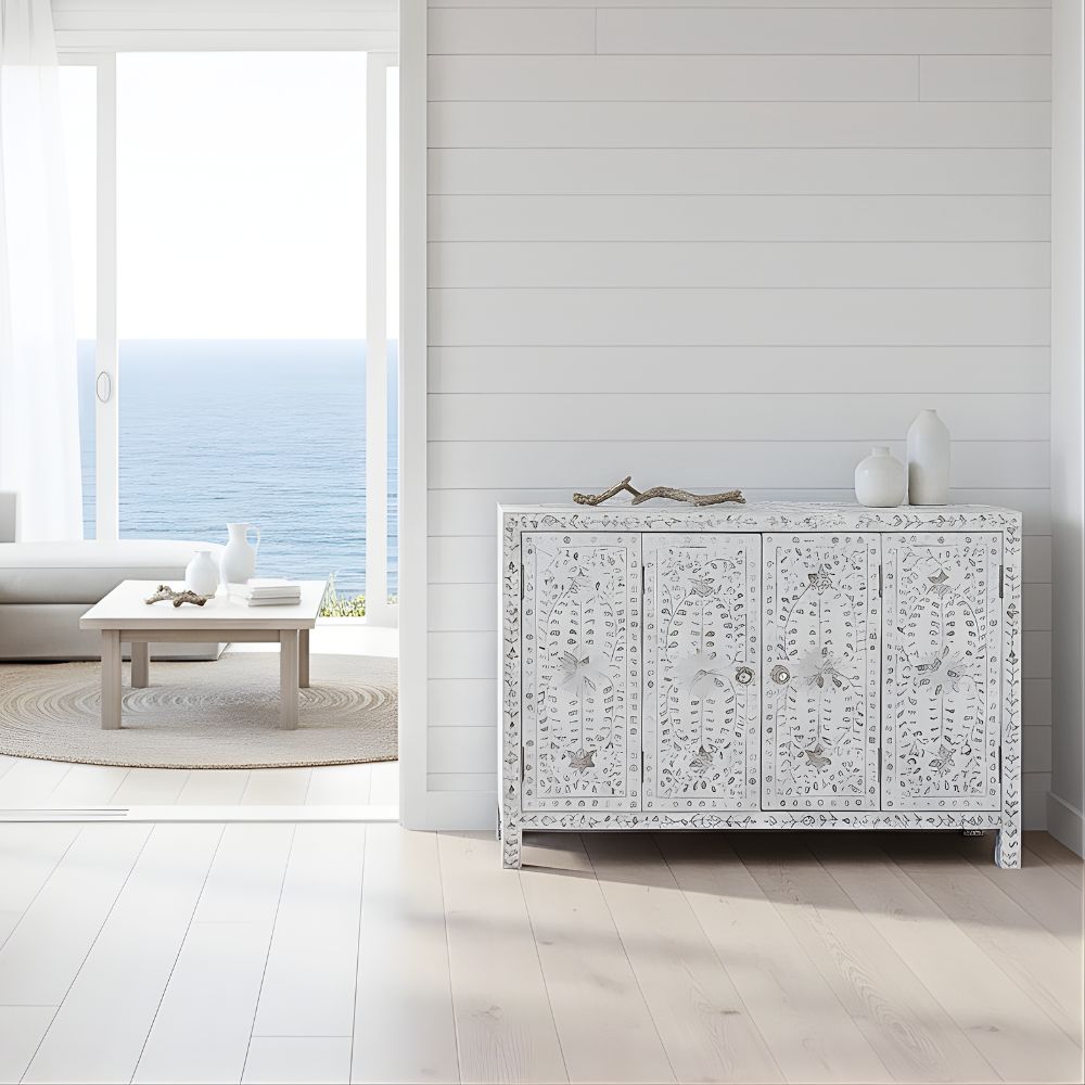 Mother of Pearl Inlay 4 Door Buffet : Floral : White