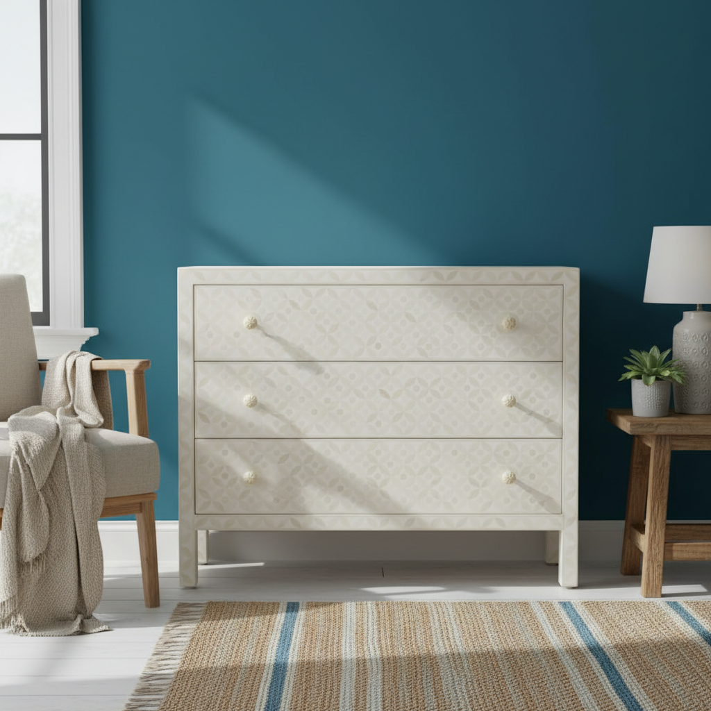 Bone Inlay 3 Drawer Chest : Starburst : White