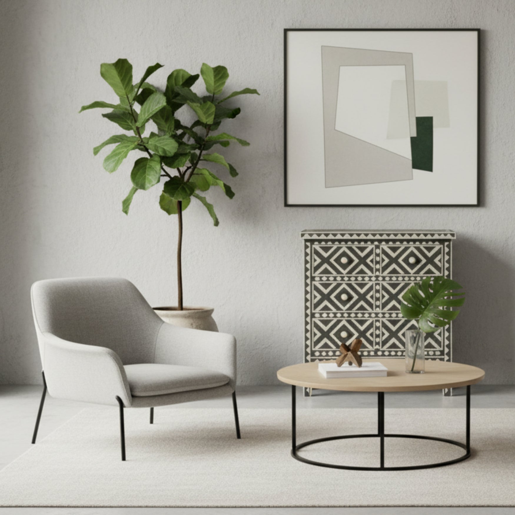 Bone Inlay 3 Drawer Chest : Geometric : Charcoal