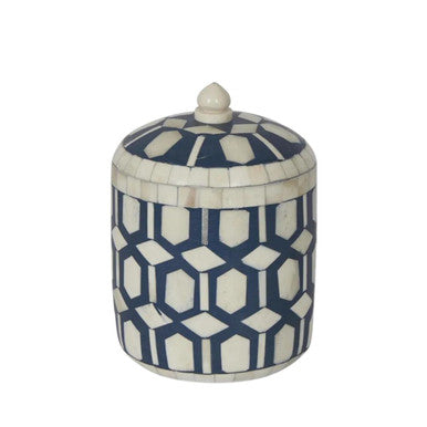 A conical, navy blue and white geometric patterned bone inlay miniature box with a lid.