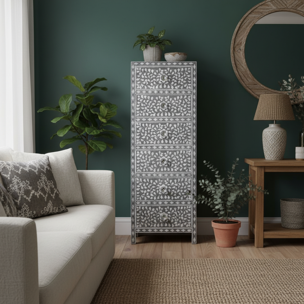 Mother of Pearl Inlay Tallboy : Floral : Grey